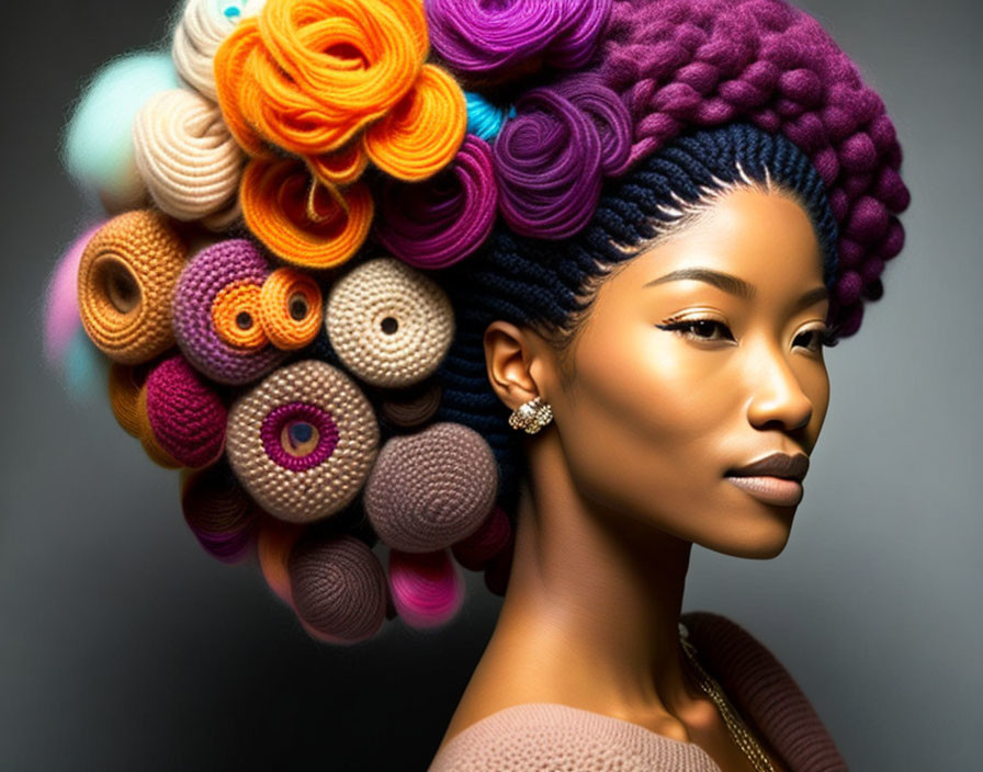 Colorful yarn balls create artistic hairstyle on neutral background