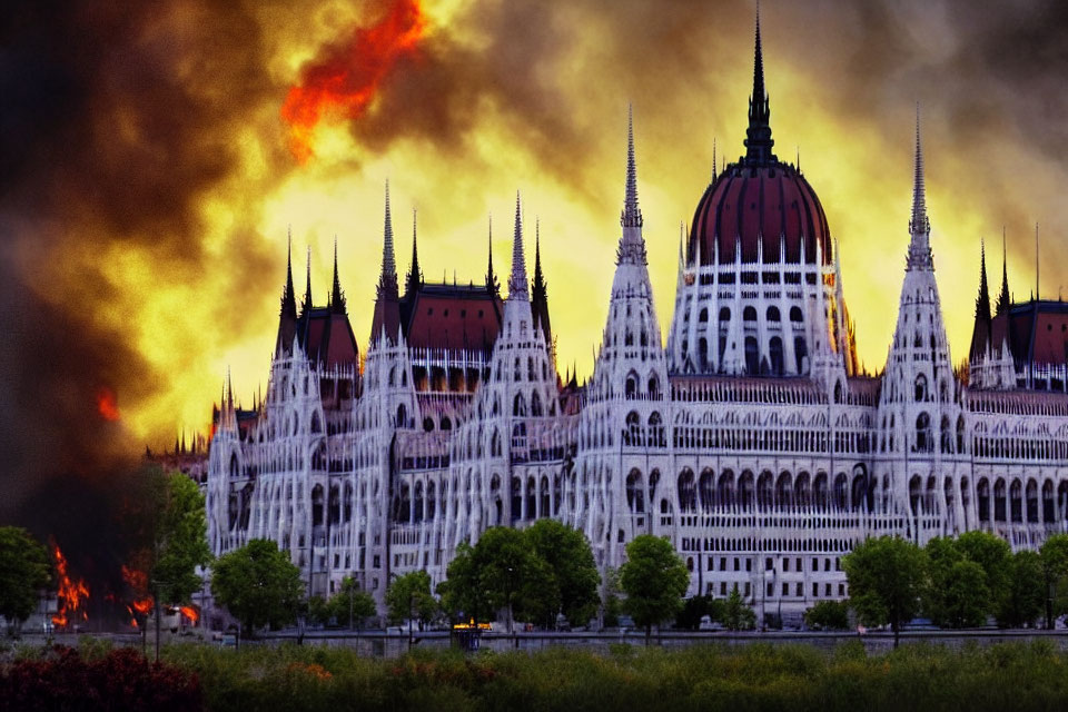 Composite Image: Hungarian Parliament Building in Fiery Sky