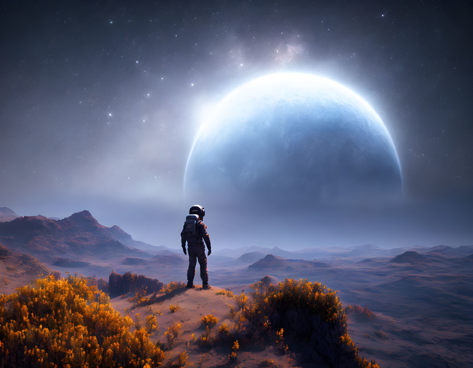 Astronaut observing glowing planet on rocky alien landscape