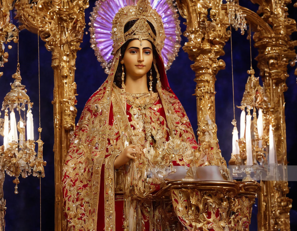 Elaborate Female Statue in Red and Gold Attire with Lamp