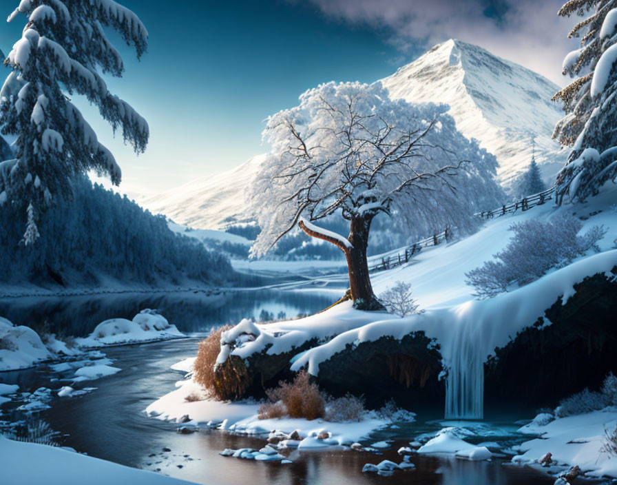 Winter Scene: Lone tree, snow, mountains, waterfall, frozen river