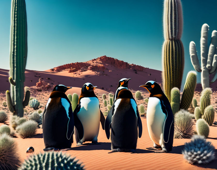 Illustrated penguins in desert landscape with cacti and sand dunes