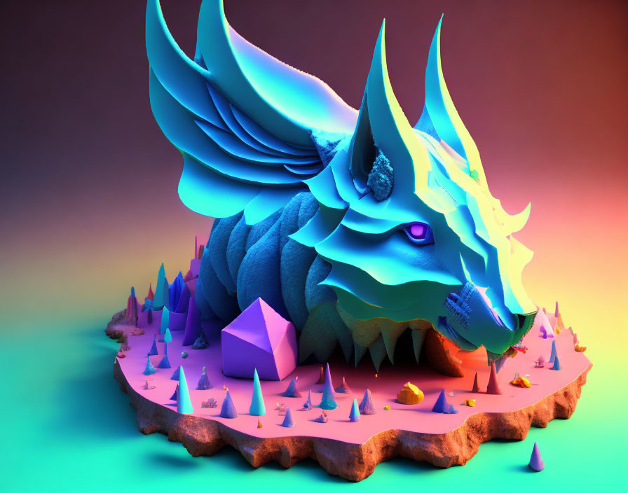 Colorful 3D illustration: Blue dragon with wings in geometric landscape