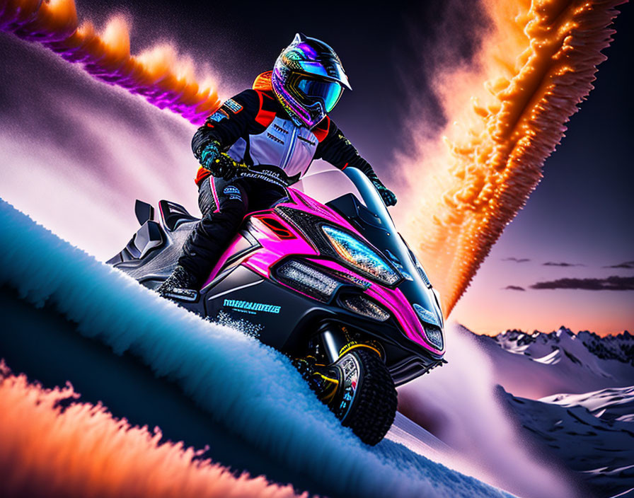 Person in protective suit rides snowmobile at dusk with orange exhaust trails in purple sky.