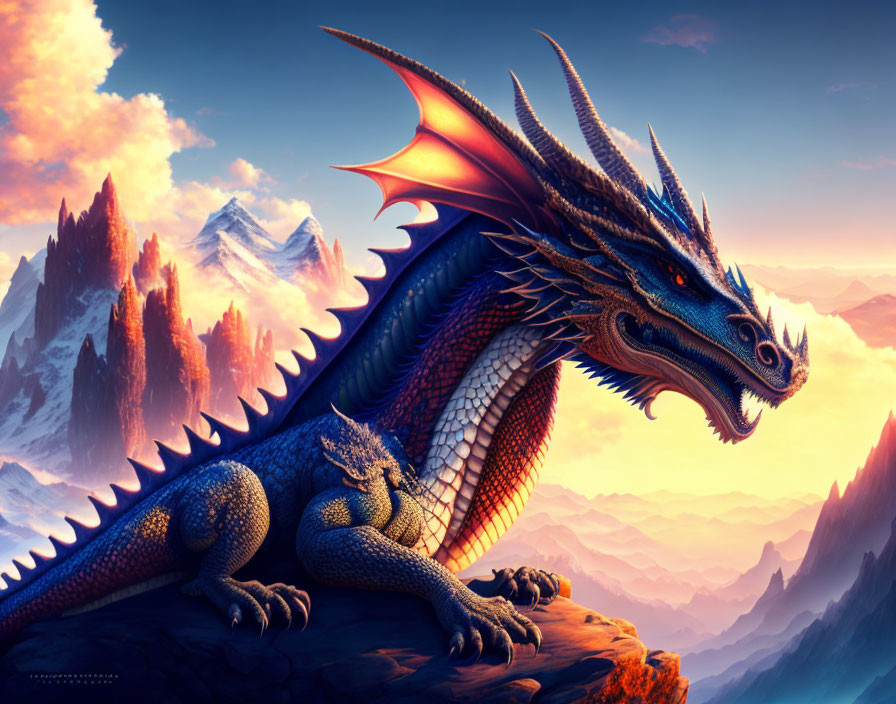 Blue dragon with red wings on rocky outcrop in fantasy landscape