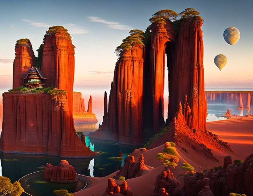 Majestic red rock formations with pagoda, waterways, and distant planets in desert