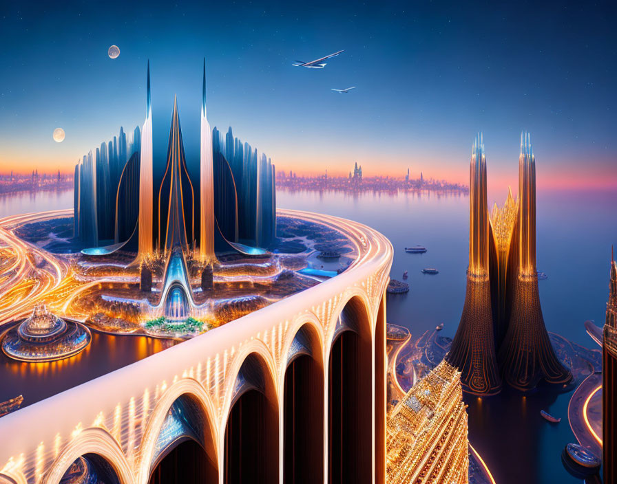 Illuminated futuristic cityscape at dusk with multiple moons