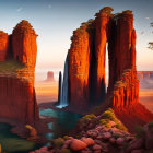 Majestic red rock formations with pagoda, waterways, and distant planets in desert