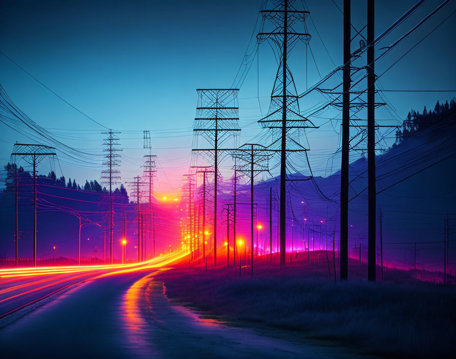 Twilight scene with light trails on curving road and power lines.