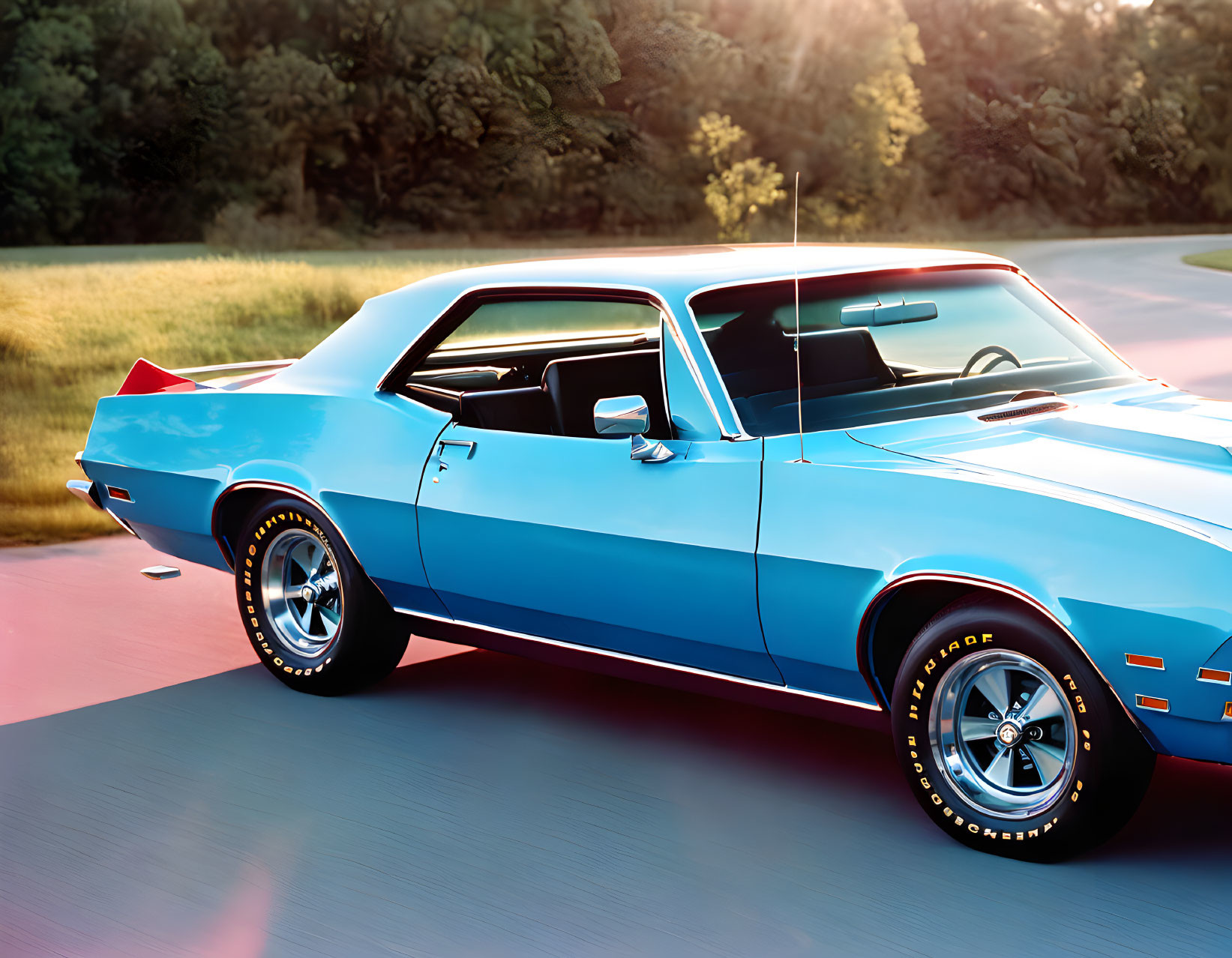 Vintage blue muscle car with white stripes and chrome wheels under sunlight.