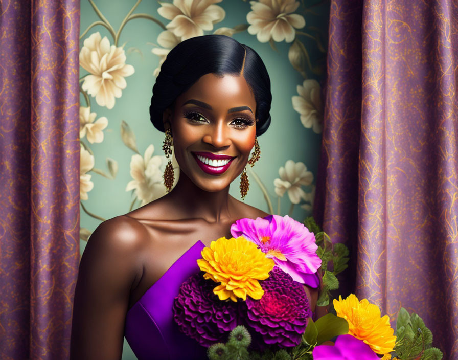 Smiling woman in purple dress on patterned backdrop