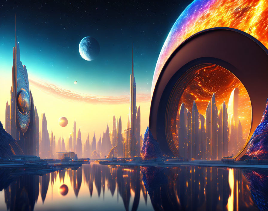 Futuristic cityscape with tall buildings, ring structure, celestial bodies, and water reflection.