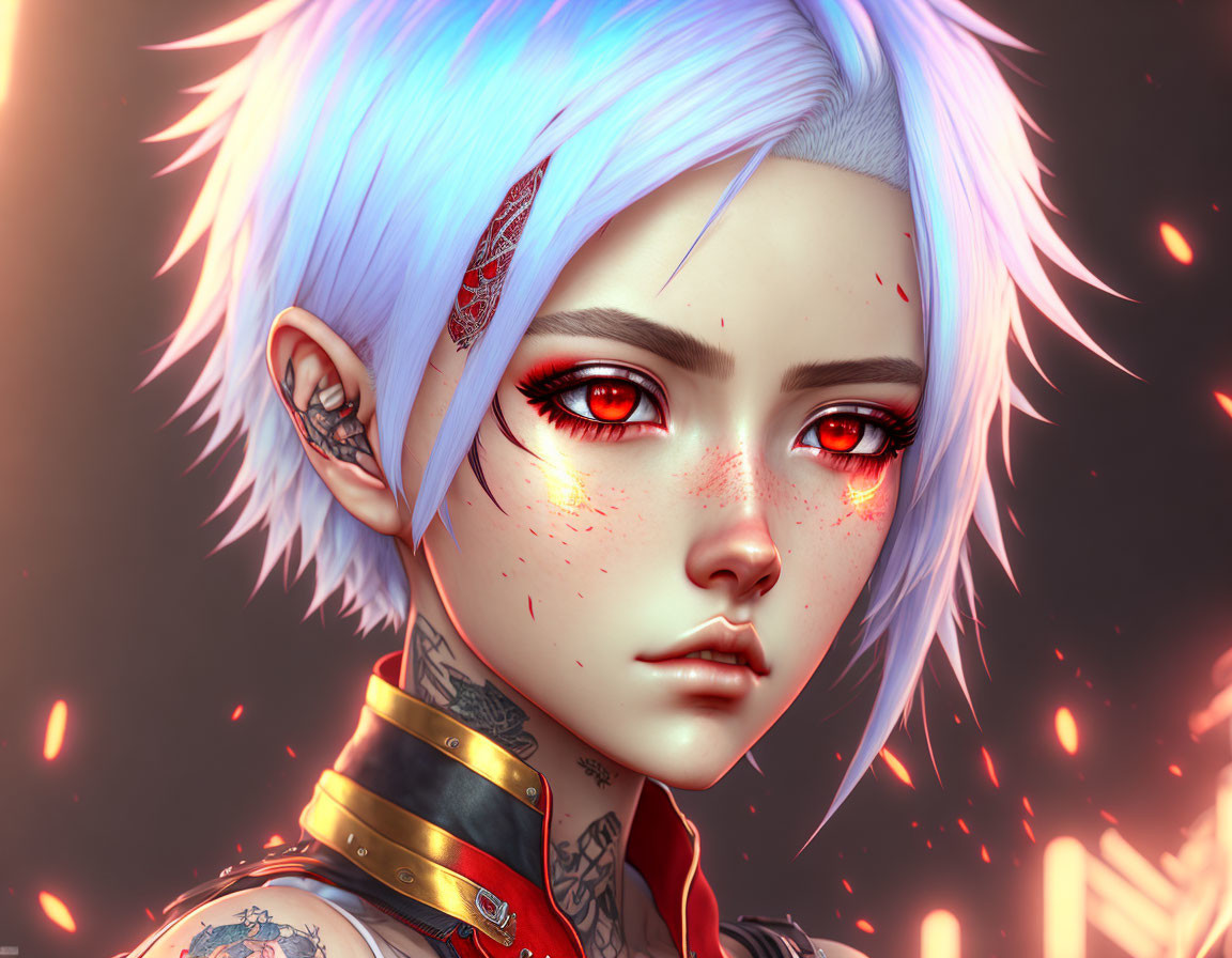 Character with Red Eyes, Blue Hair, and Tattoos in Digital Art