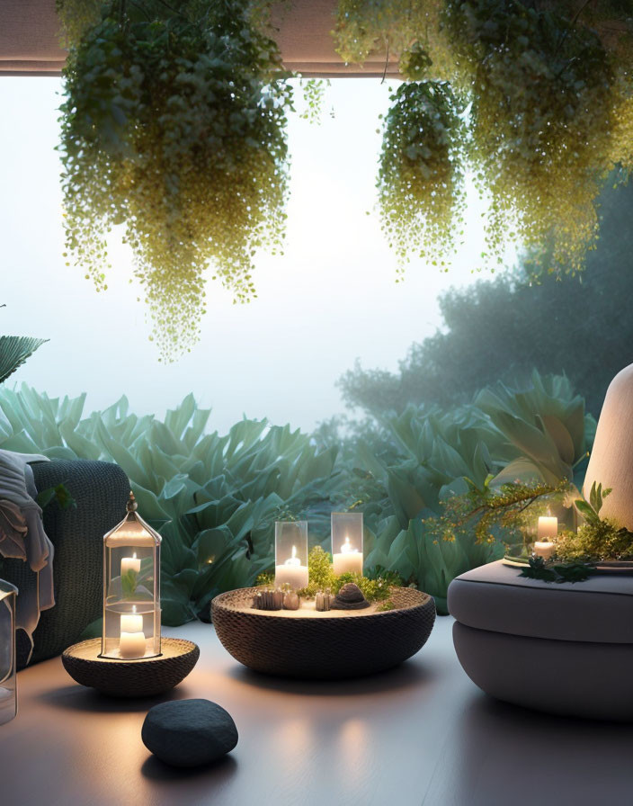 Tranquil indoor setting with green plants, candles, and serene atmosphere