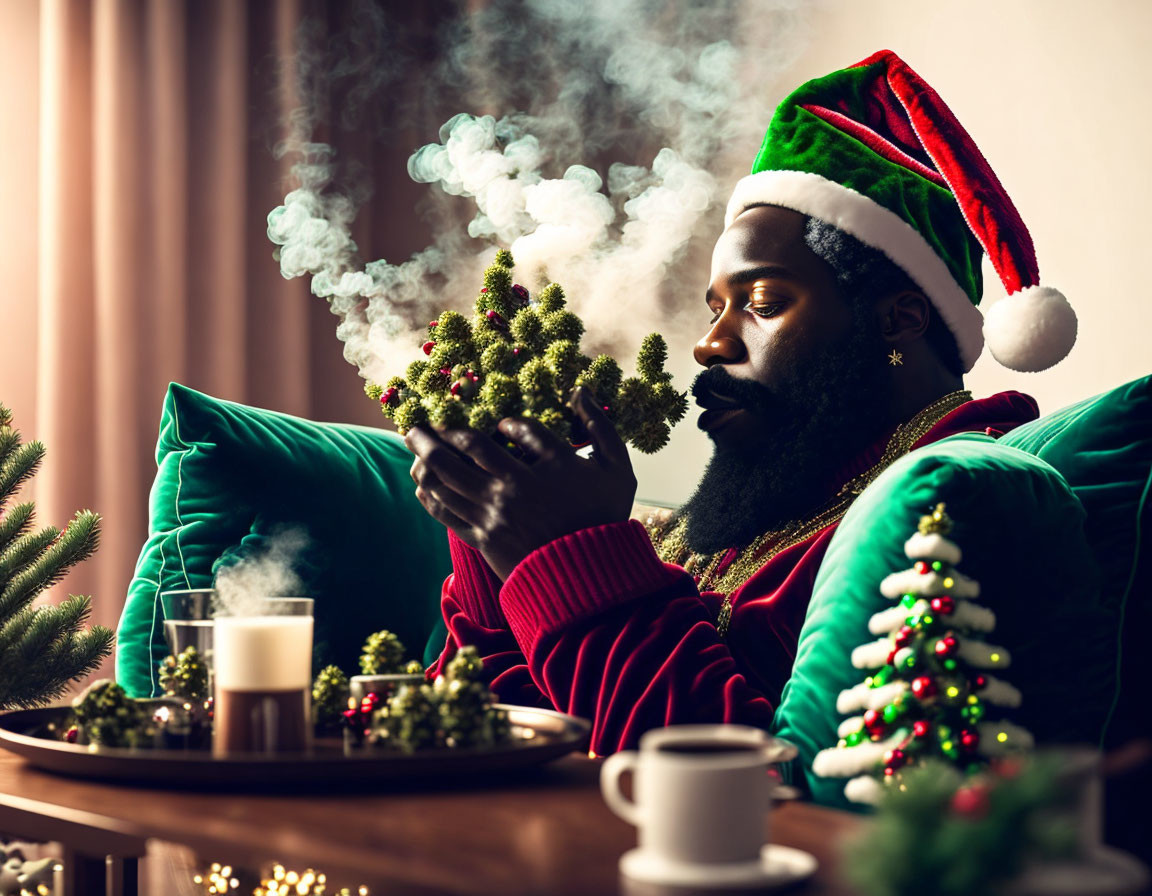 Bearded person in Santa hat exhales smoke around Christmas tree in festive setting