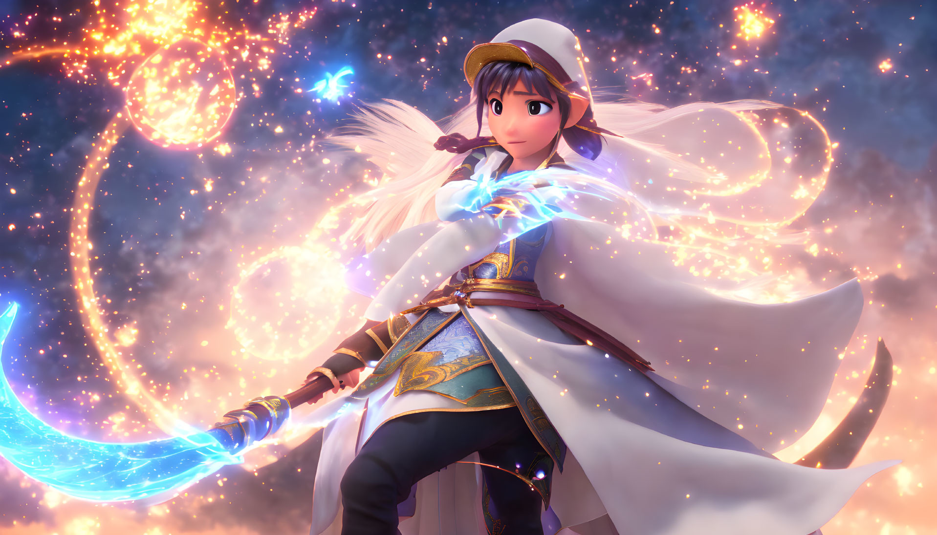Animated warrior with blue sword in magical setting