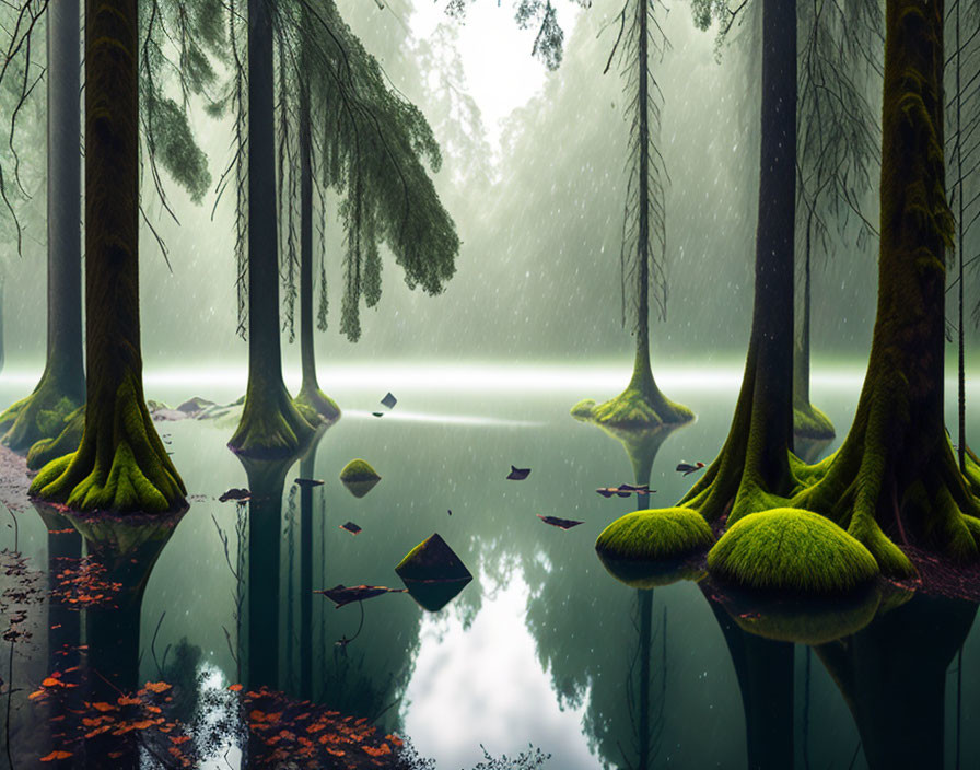 Tranquil forest scene with mist, towering trees, lake reflection, mossy bases, floating leaves