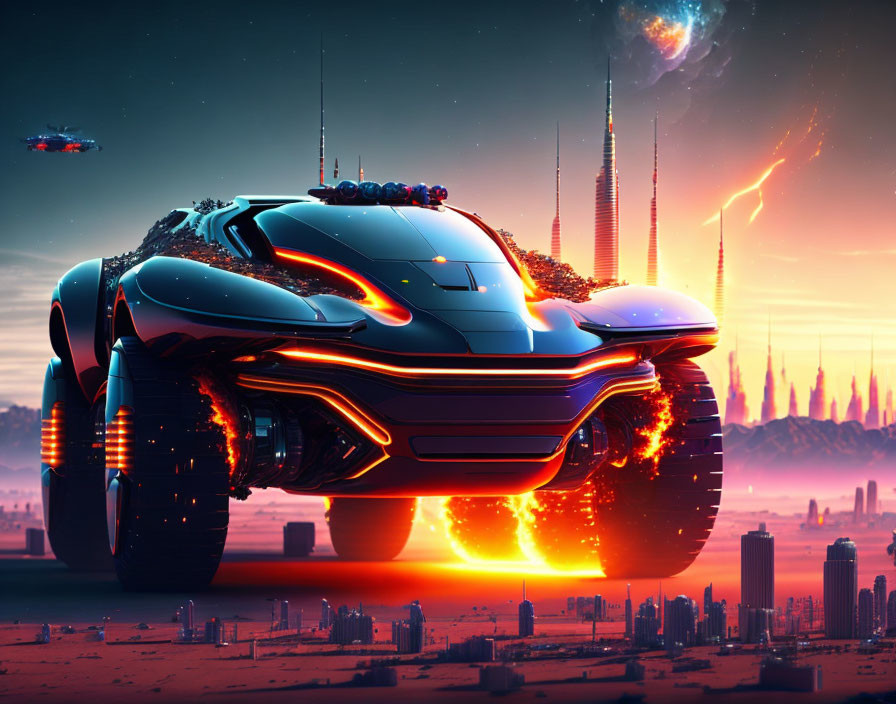 Futuristic vehicle on cybernetic city backdrop with glowing lines