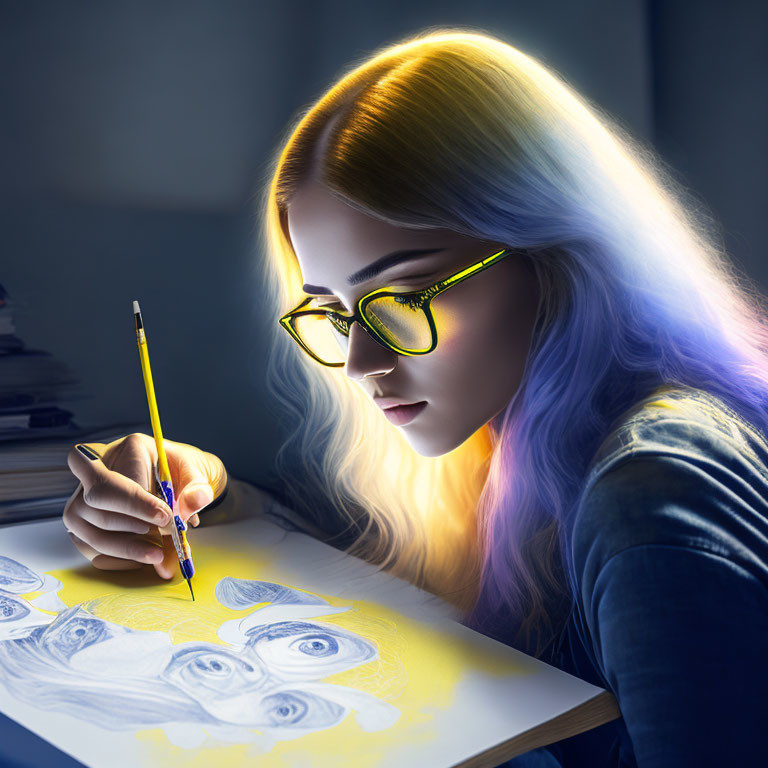 Individual sketching artwork with yellow glasses under warm light