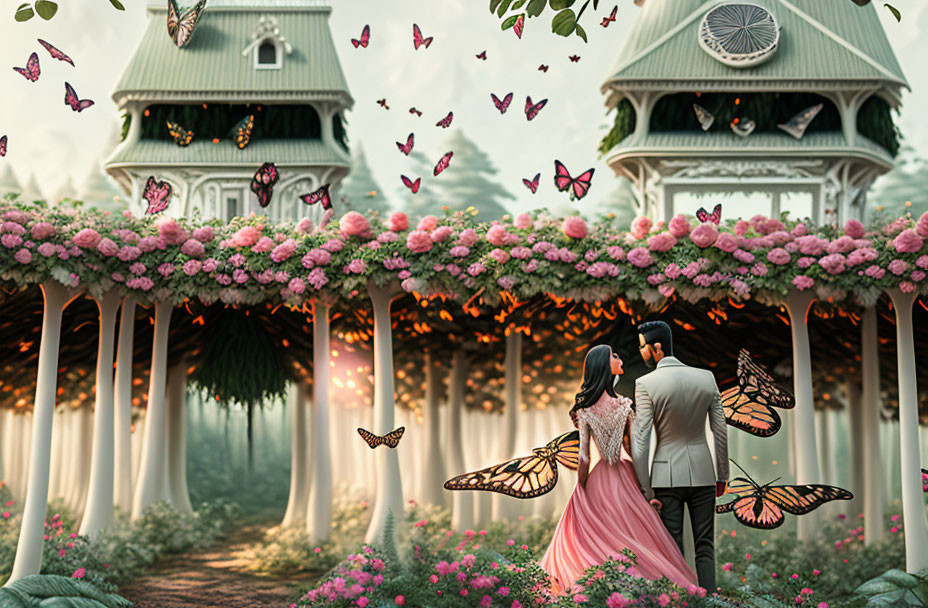 Couple under blossoming archway with butterflies in whimsical forest setting