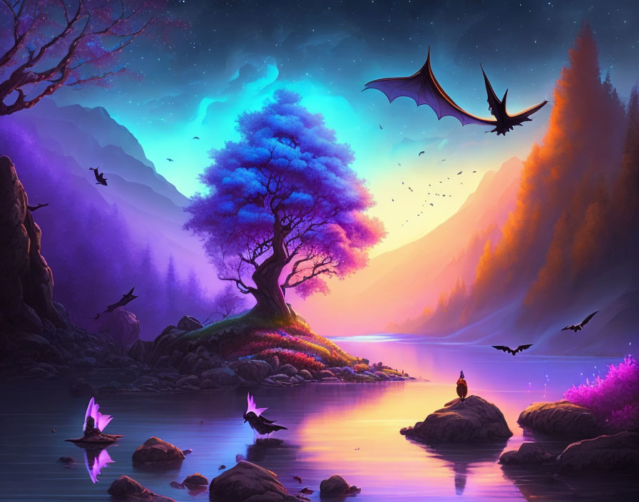 Colorful tree, person by water, flying dragons in fantasy twilight landscape