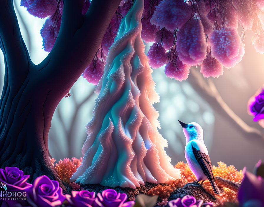 Vibrant blue bird in fantastical purple and pink scenery