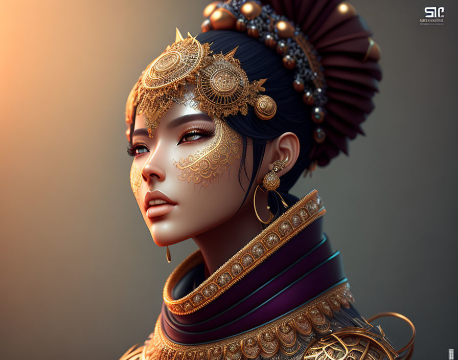 Digital artwork: Woman with gold jewelry, elaborate hairstyle, traditional attire on warm backdrop