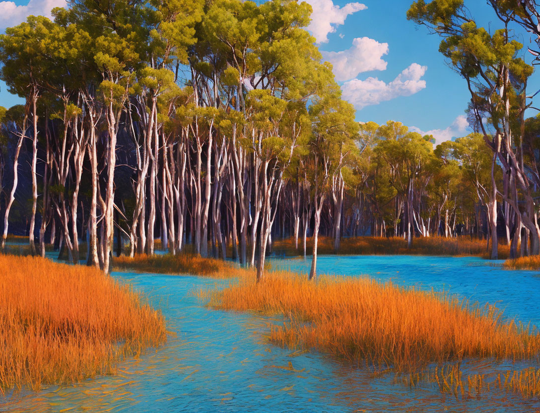 Tranquil wetland landscape with tall trees and lush canopies reflected in calm water