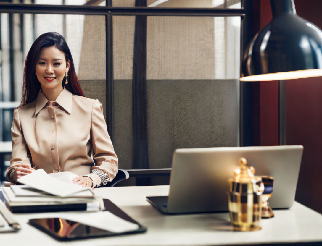 Professional woman seated at desk with laptop and stylish lamp in modern office setting