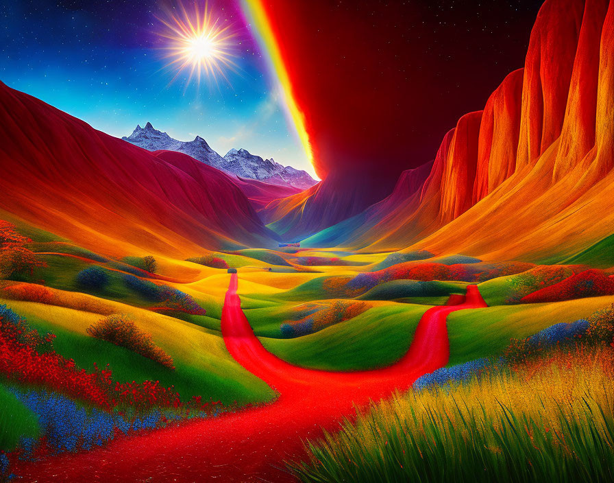 Colorful fantasy landscape with meadows, red river, starlit mountains, and rainbow.