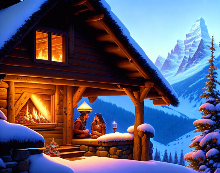 Snow-covered log cabin with fireplace, people on porch, wintry mountain landscape at dusk