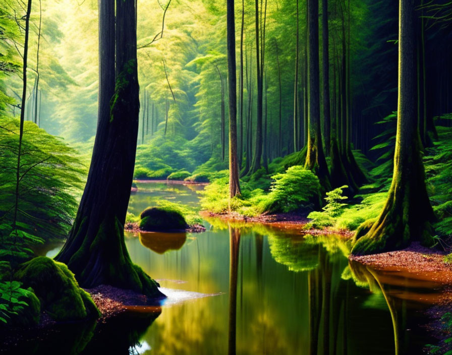 Tranquil forest scene: Moss-covered trees, calm river, soft morning light