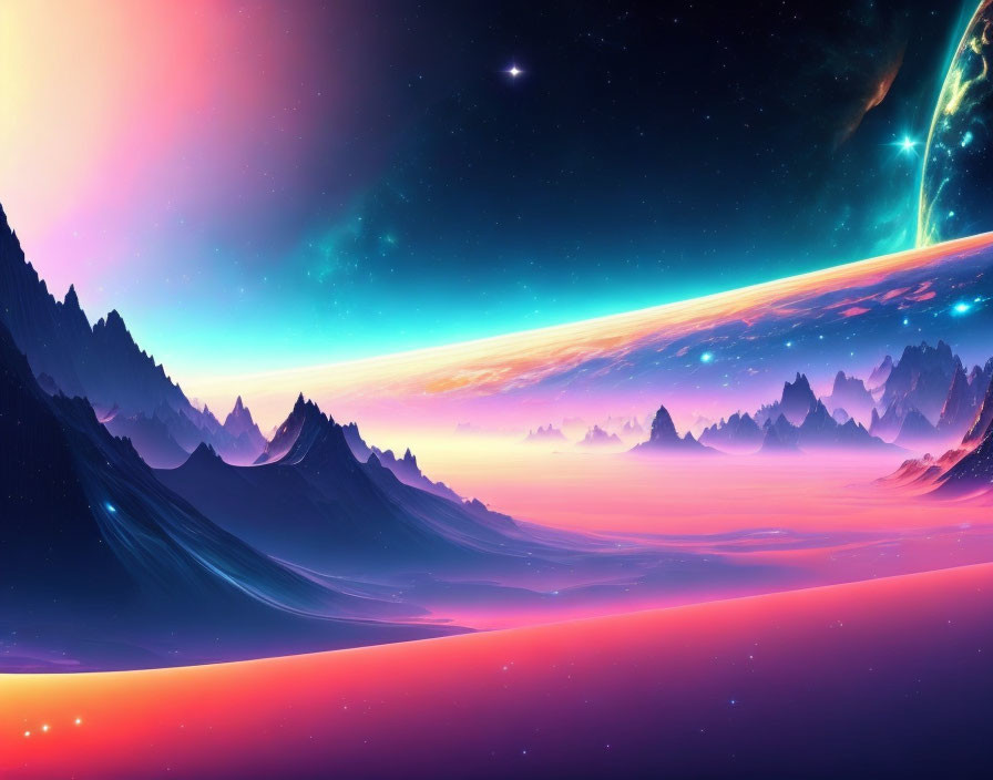 Surreal alien landscape with sharp peaks and colorful sky