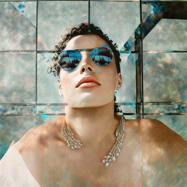 Curly-Haired Person in Sunglasses with Necklace on Tiled Background