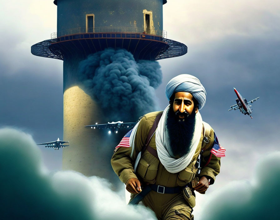 Bearded man in turban on military flight suit with jets and aircraft carrier.