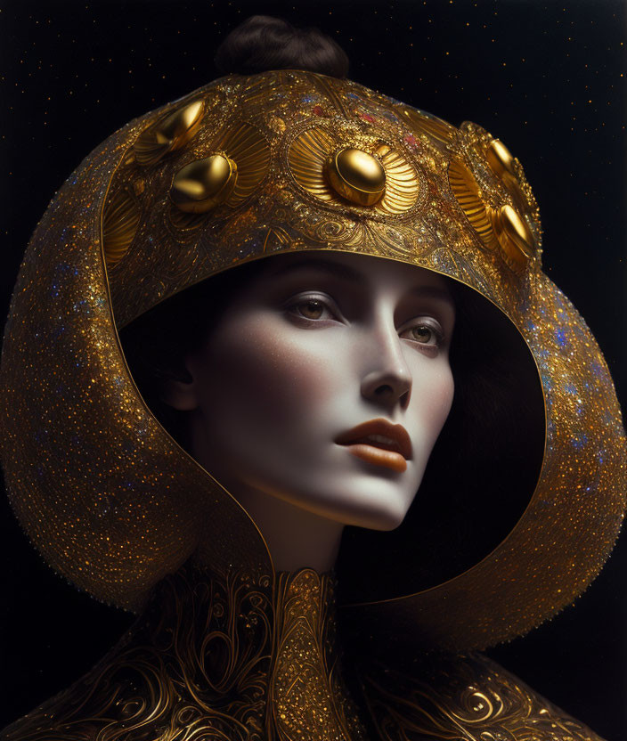 Woman portrait with golden headdress and starry background.