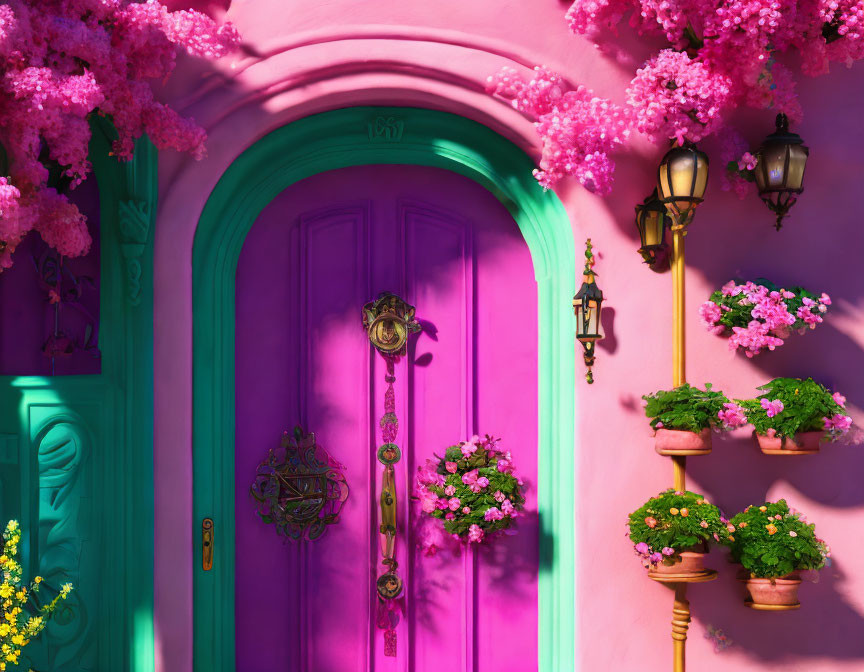 Colorful illustration of a pink and teal building with lush floral decorations.