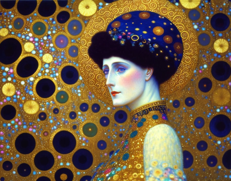 Woman portrait with starry headdress & clothing, Gustav Klimt-inspired style, rich blues