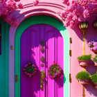 Colorful illustration of a pink and teal building with lush floral decorations.