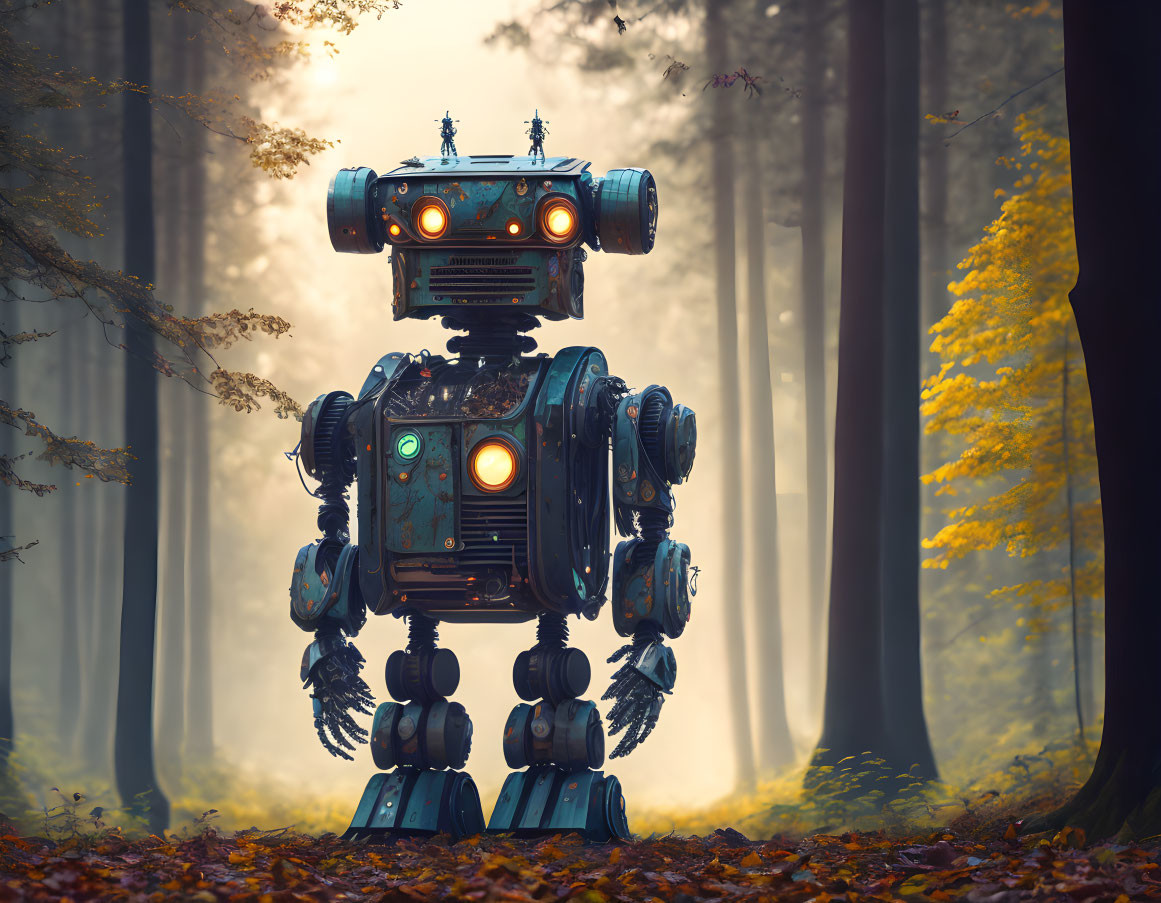 Detailed Robot in Foggy Autumn Forest with Glowing Parts