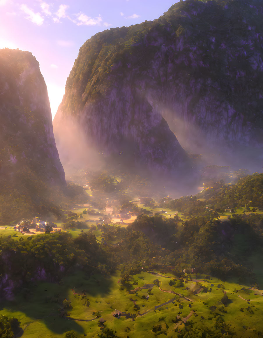 Misty valley at sunrise with village, cliffs, and trees