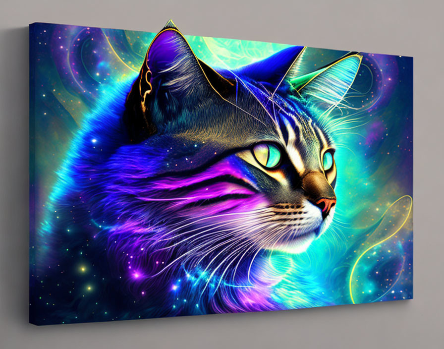 Colorful Cosmic Cat Canvas Print with Neon Colors and Celestial Elements