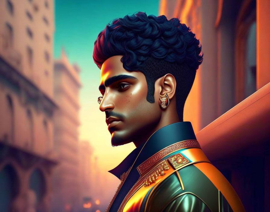 Man with Styled Black Hair and Earring in Vibrant Jacket on Urban Sunset Background