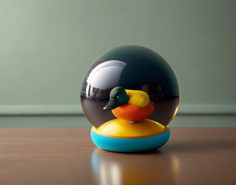 Colorful Stylized Duck Figure in Transparent Sphere on Wooden Surface