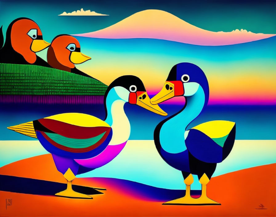 Vibrant Duck Painting in Abstract Landscape