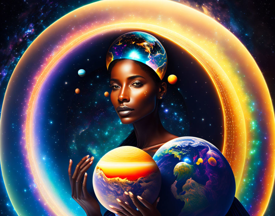 Cosmic digital art: Woman with universe headwrap, holding planets