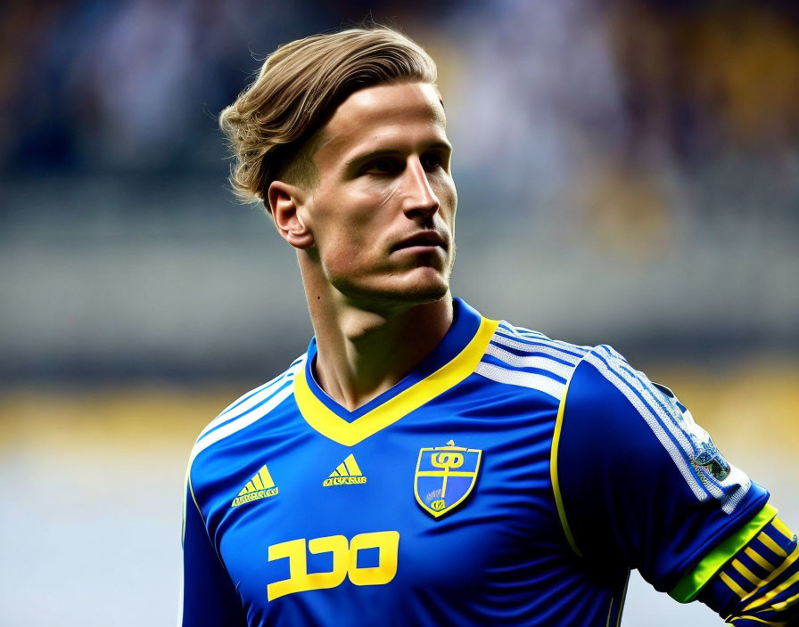 Soccer player in blue and yellow kit with sponsor logo, focused, blurred stadium background