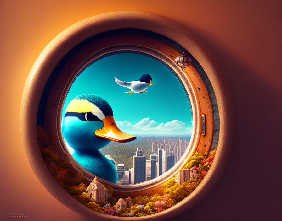 Giant rubber duck peeking through circular window at whimsical floating cityscape.