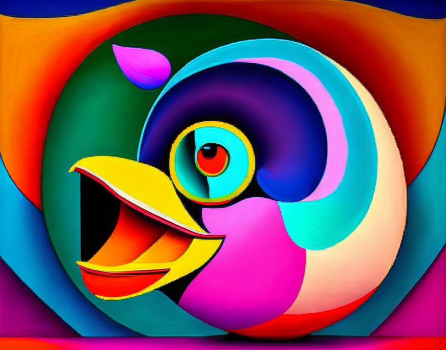 Colorful Abstract Painting of Stylized Bird with Large Eye