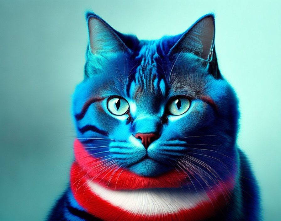 Vibrant cat art with blue fur and green eyes on teal backdrop